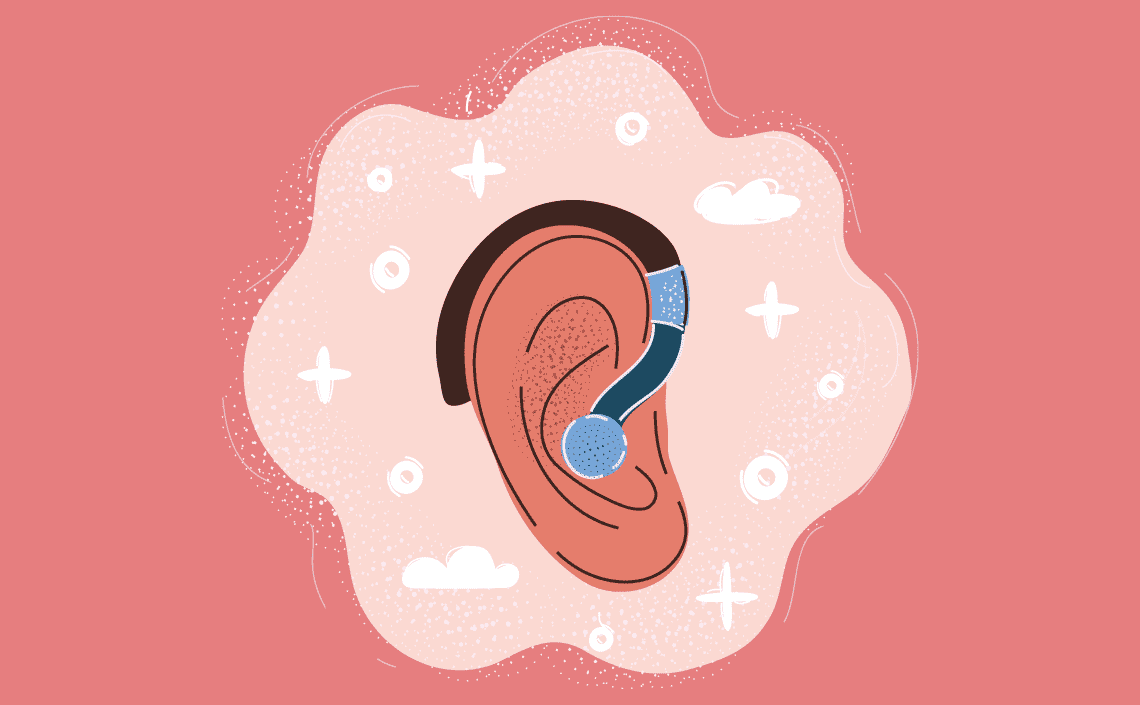 An illustration of an ear wearing a hearing aid surrounded by a cloud